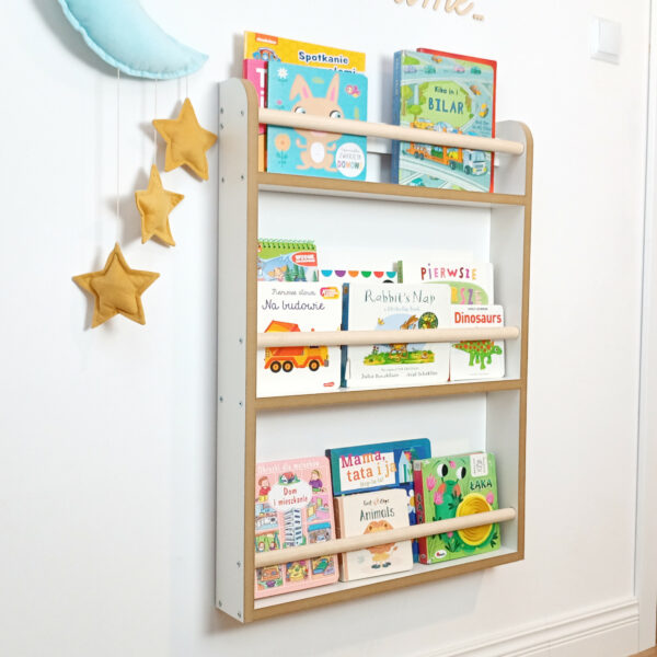 Children's Bookshelf, Wall-Mounted Bookshelf, White MDF Bookshelf, Kids Book Storage, Nursery Bookshelf, Easy Assembly Bookshelf, Toddler Bookshelf.