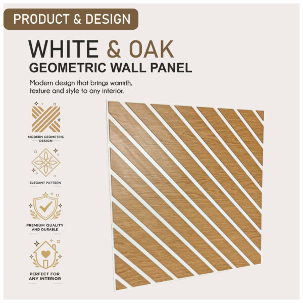 panneau mural 3d blanc et chene, design lamelles 45 degres, decoration murale, moderne bois, panneau mural effet chene, alternative moderne aux lamelles, panneau mural premium