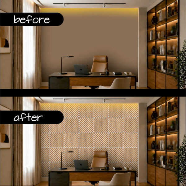 panneau mural 3d blanc et chene, design lamelles 45 degres, decoration murale, moderne bois, panneau mural effet chene, alternative moderne aux lamelles, panneau mural premium